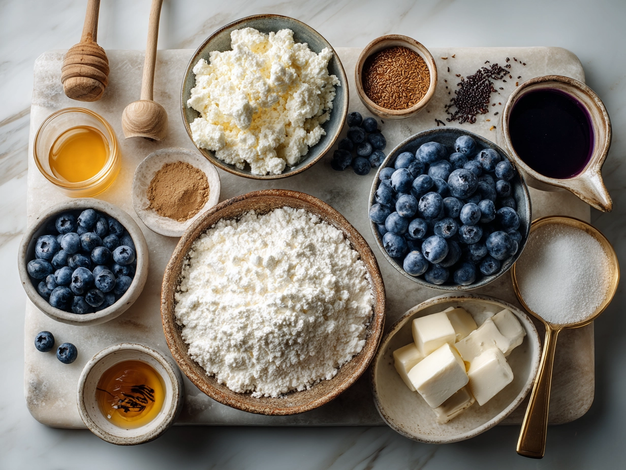 Ingredients for Cottage Cheese Blueberry Cloud Bread laid out on marble surface