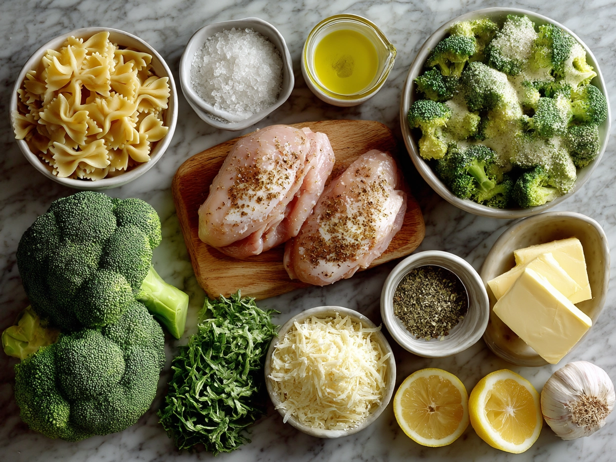 Ingredients for Cowboy Butter Lemon Bowtie Chicken with Broccoli laid out in bowls and on a board