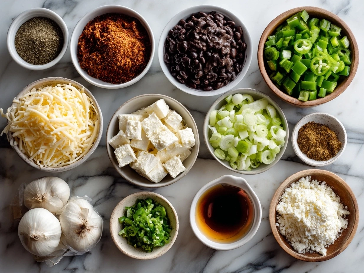 Top down raw ingredients for Cowboy Queso Dip on a marble surface