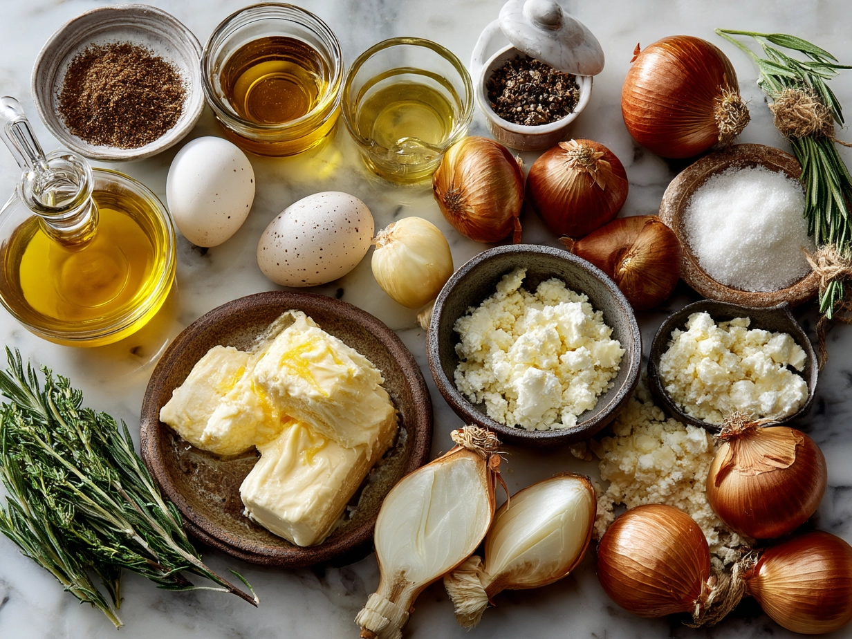 Raw ingredients laid out for Dutch Oven French Onion Soup including onions, butter, olive oil, garlic, and cheese