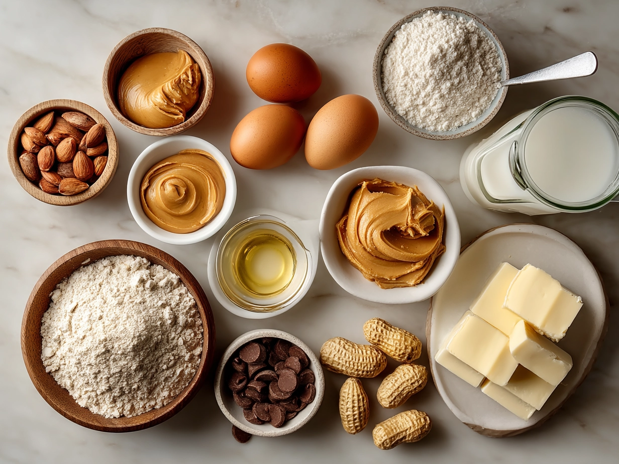 Top down view of raw ingredients for Easter Peanut Butter Eggs on marble surface