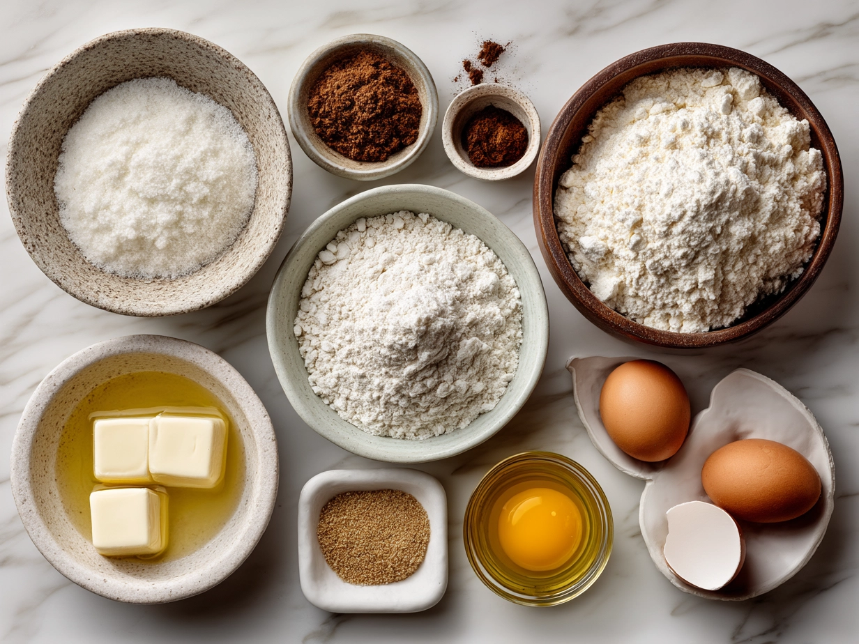 Ingredients for Fluffy Pancakes laid out on a wooden table