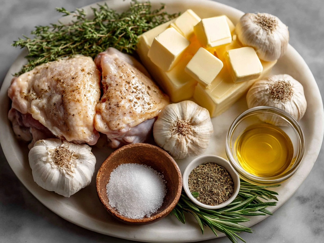 Top-down view of raw ingredients for Garlic Butter Chicken Thigh Skillet on marble surface with organized mise en place