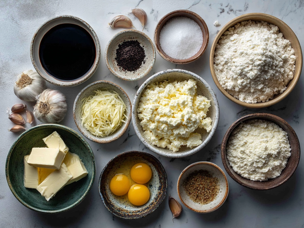 Top-down view of raw ingredients for garlic cottage cheese naan including flour, cottage cheese, garlic, yogurt, and spices
