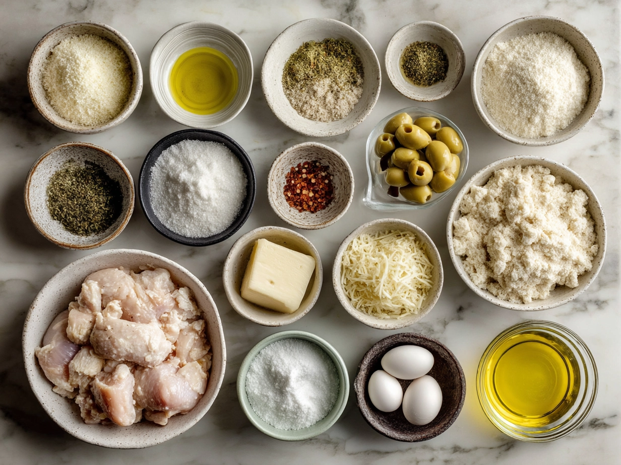 Raw ingredients for garlic Parmesan chicken pasta arranged on marble surface