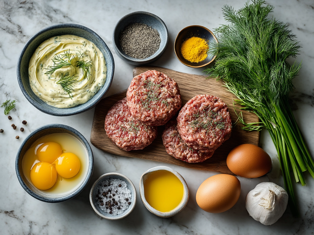 Raw ingredients for Hamburger Steaks and Creamy Dill Sauce laid out on a table