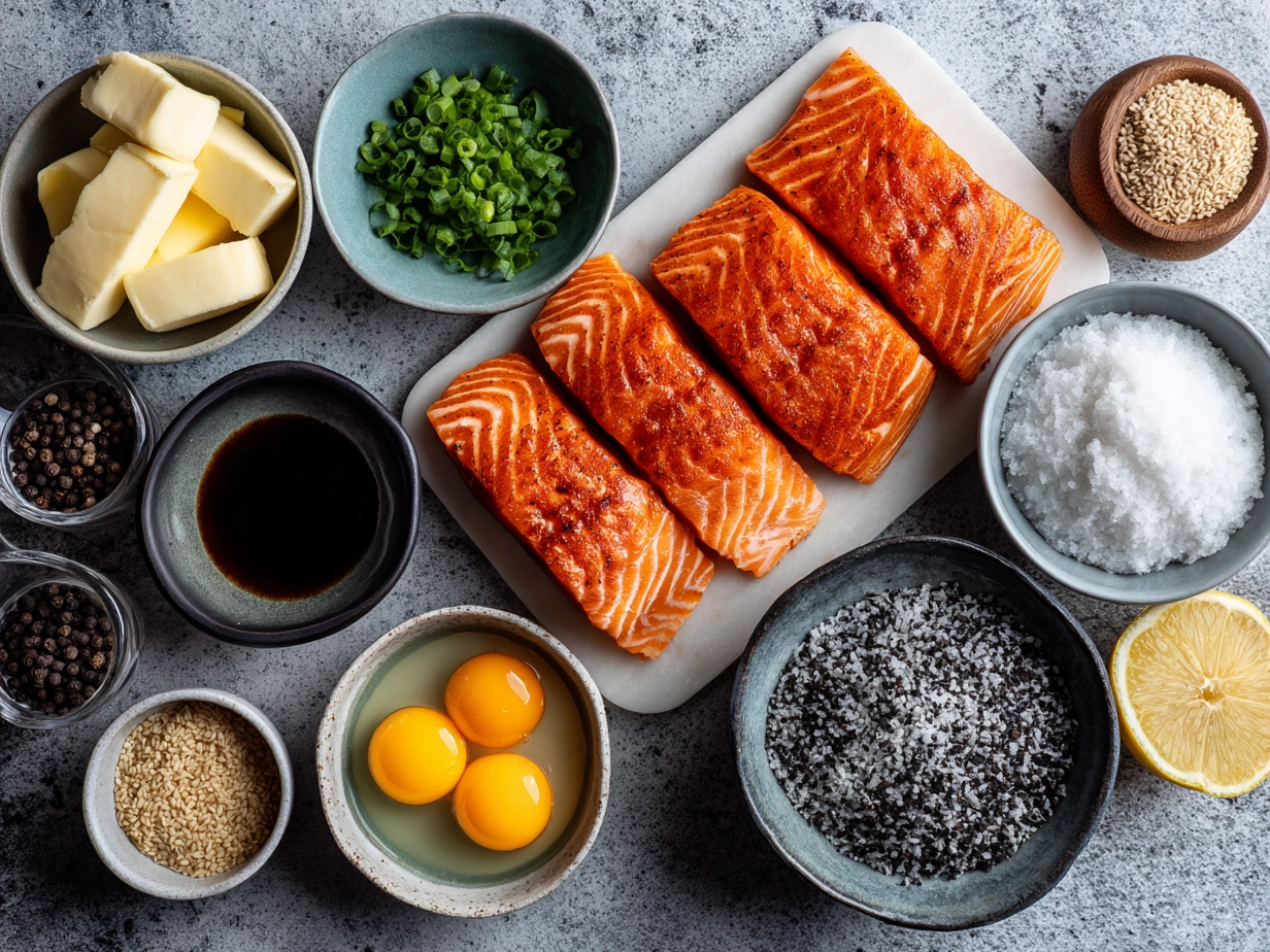 Raw ingredients for Honey Glazed Salmon Bowl displayed on marble surface