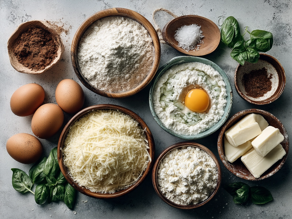 Top down view of raw ingredients for lasagna with ricotta cheese on marble surface