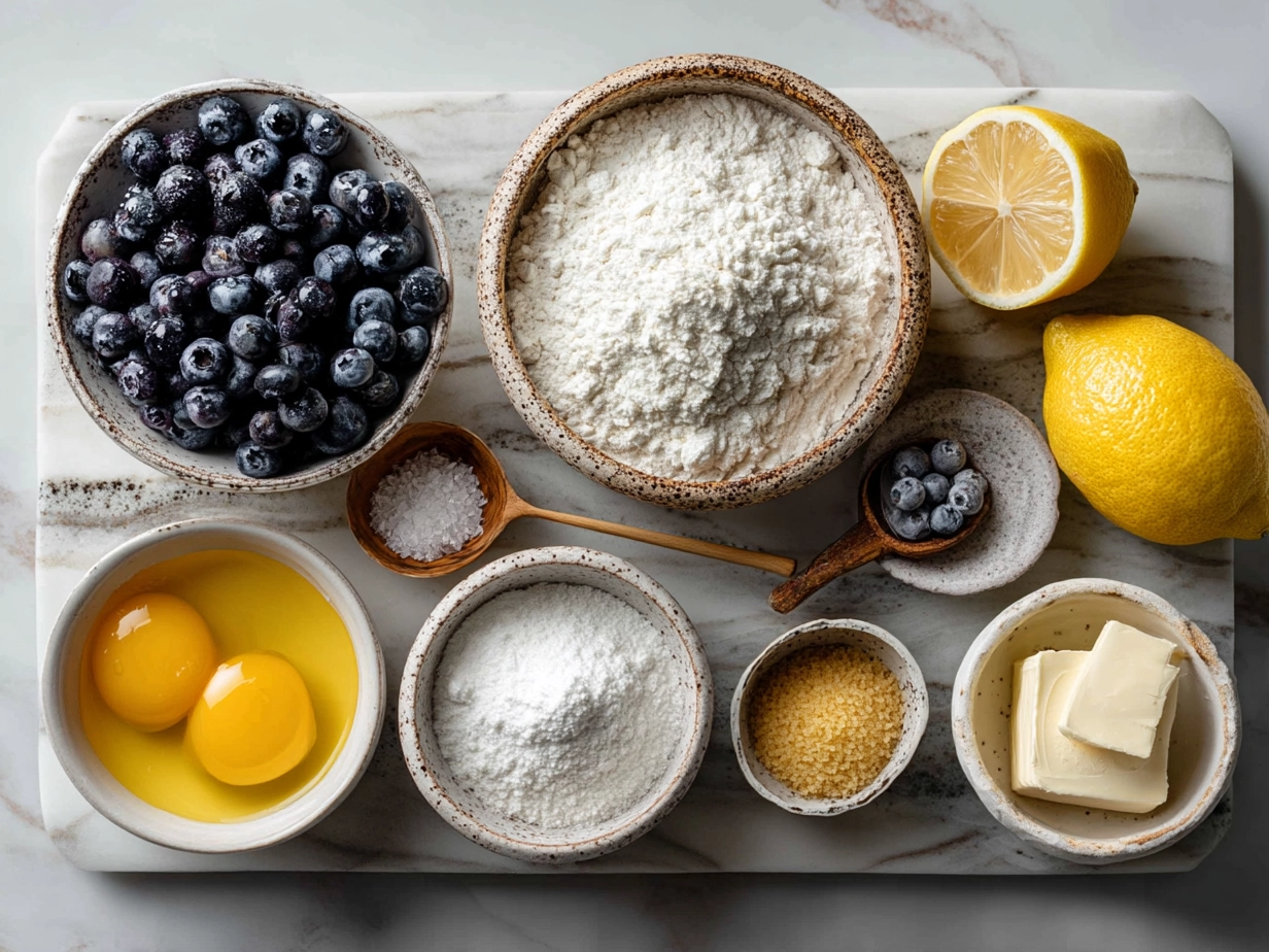 Top down raw ingredients for lemon blueberry sourdough bread on marble