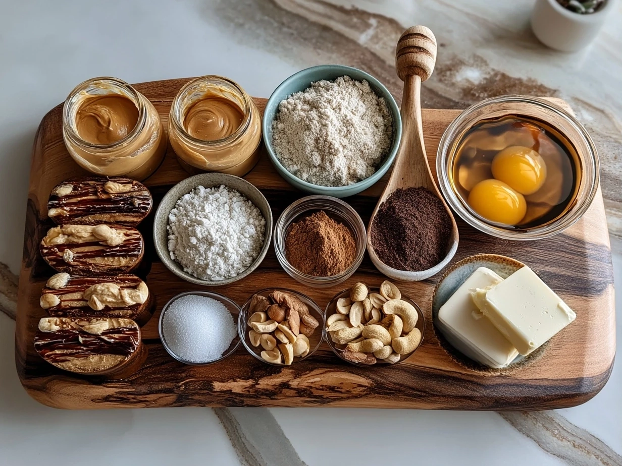 Top down raw ingredients for peanut butter pie on marble