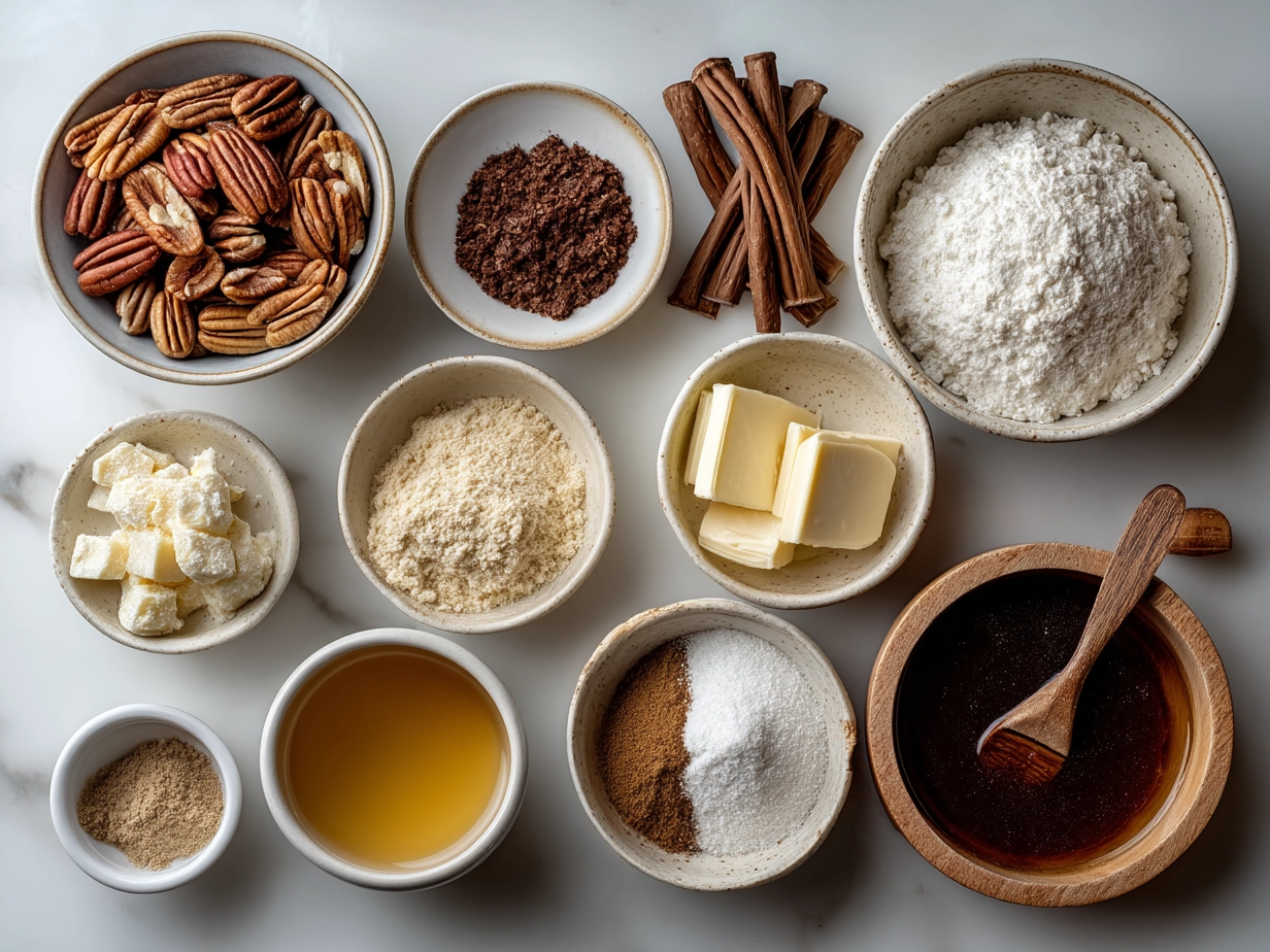 Top down view of raw ingredients for pecan pie cookies arranged neatly on marble countertop