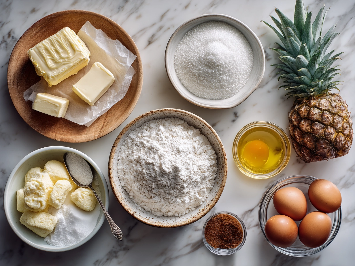 Top down raw ingredients for Pineapple Upside Down Sugar Cookies on marble surface