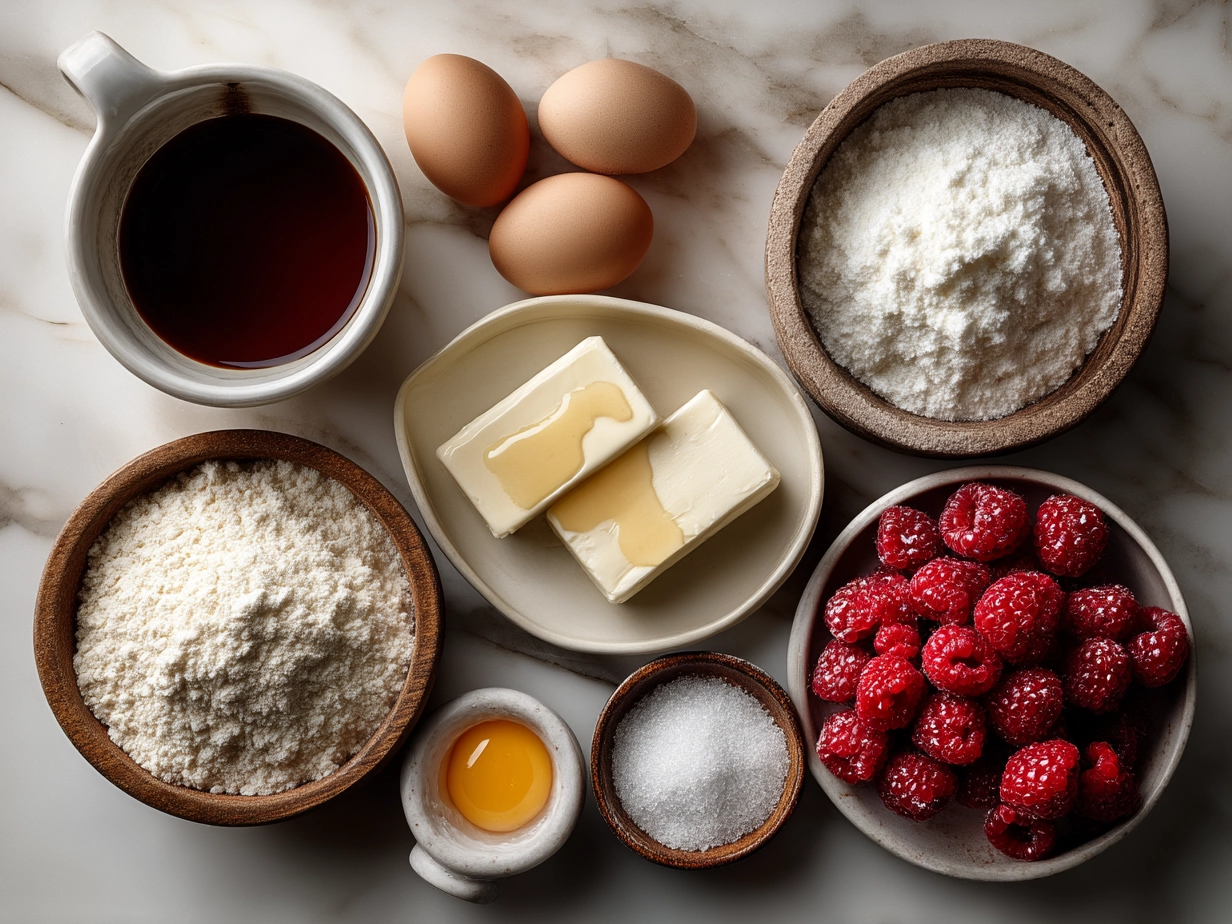 Raw ingredients for Raspberry Cheesecake Truffles laid out on a white surface