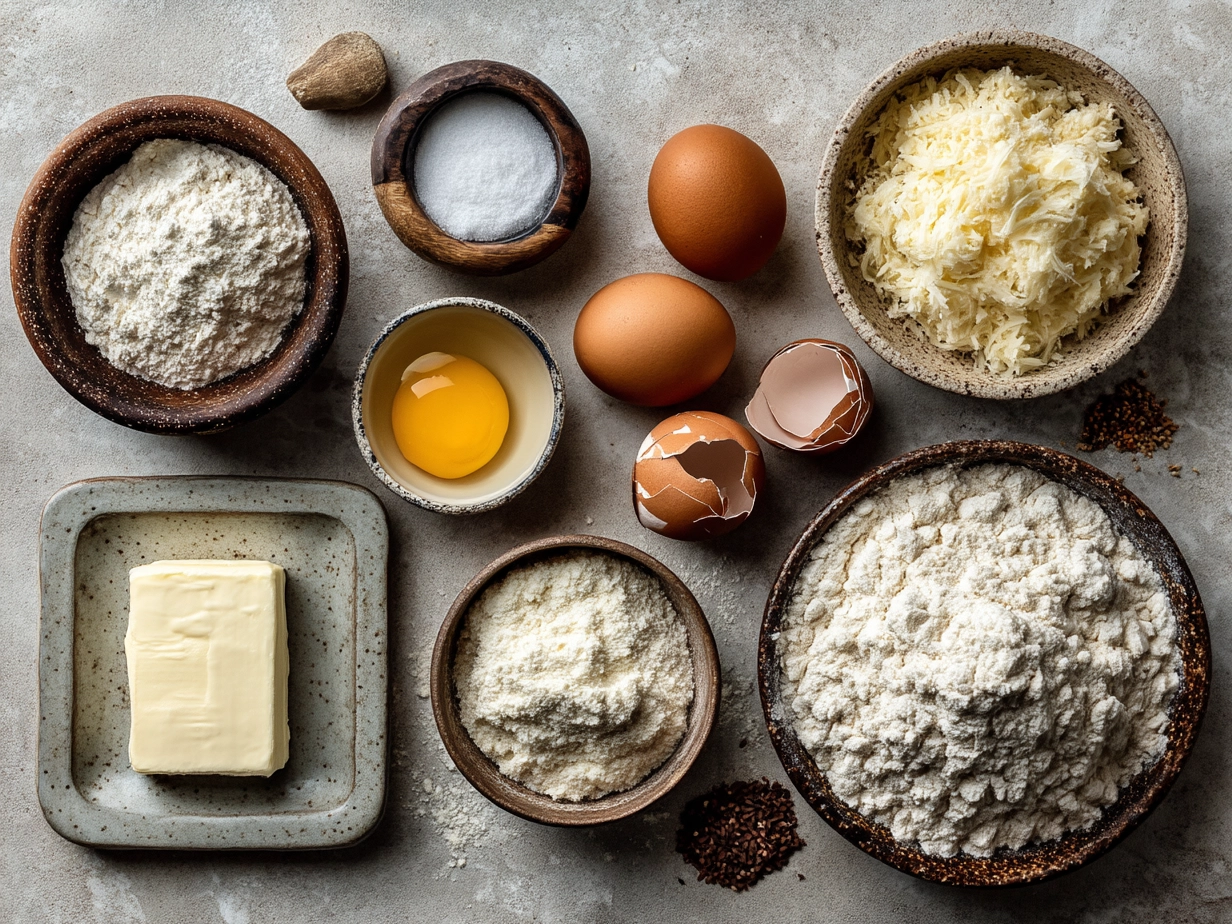 Top-down raw ingredients for sourdough cheese crackers on marble, modern kitchen organized mise en place