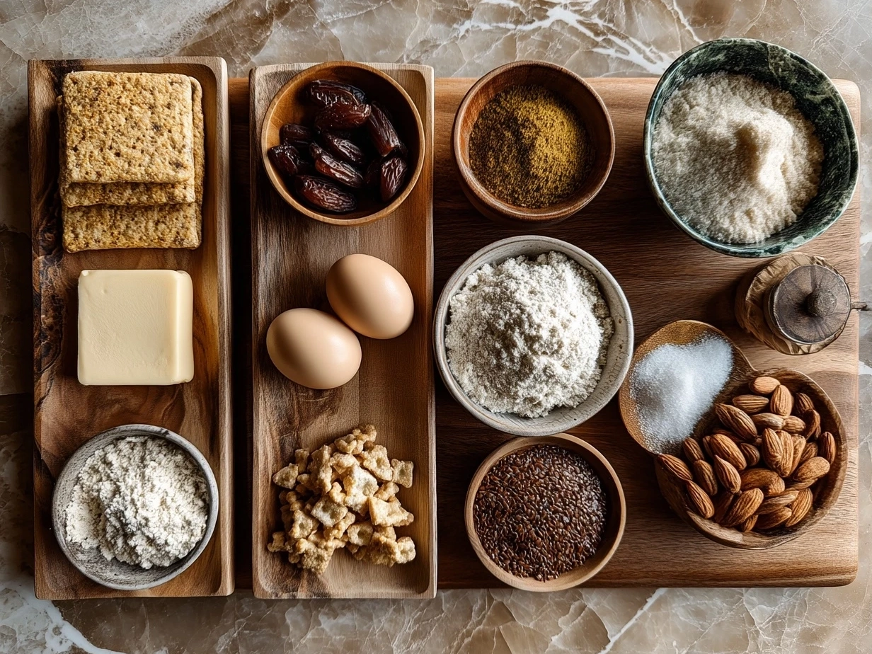 Top down view of raw ingredients for sourdough cheez-it crackers on marble surface