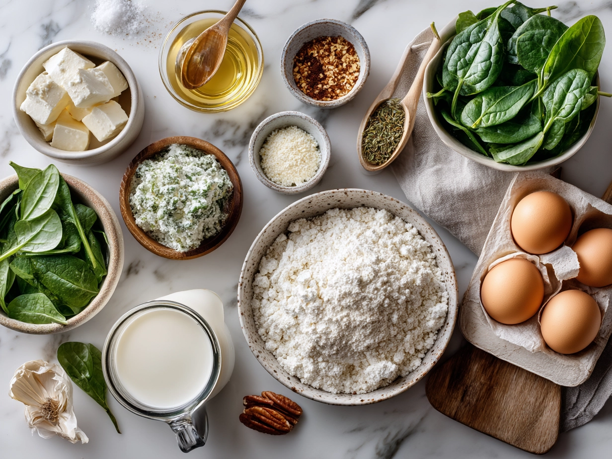 Top-down view of raw ingredients for Spinach and Feta Puff Pastry Twists on marble surface