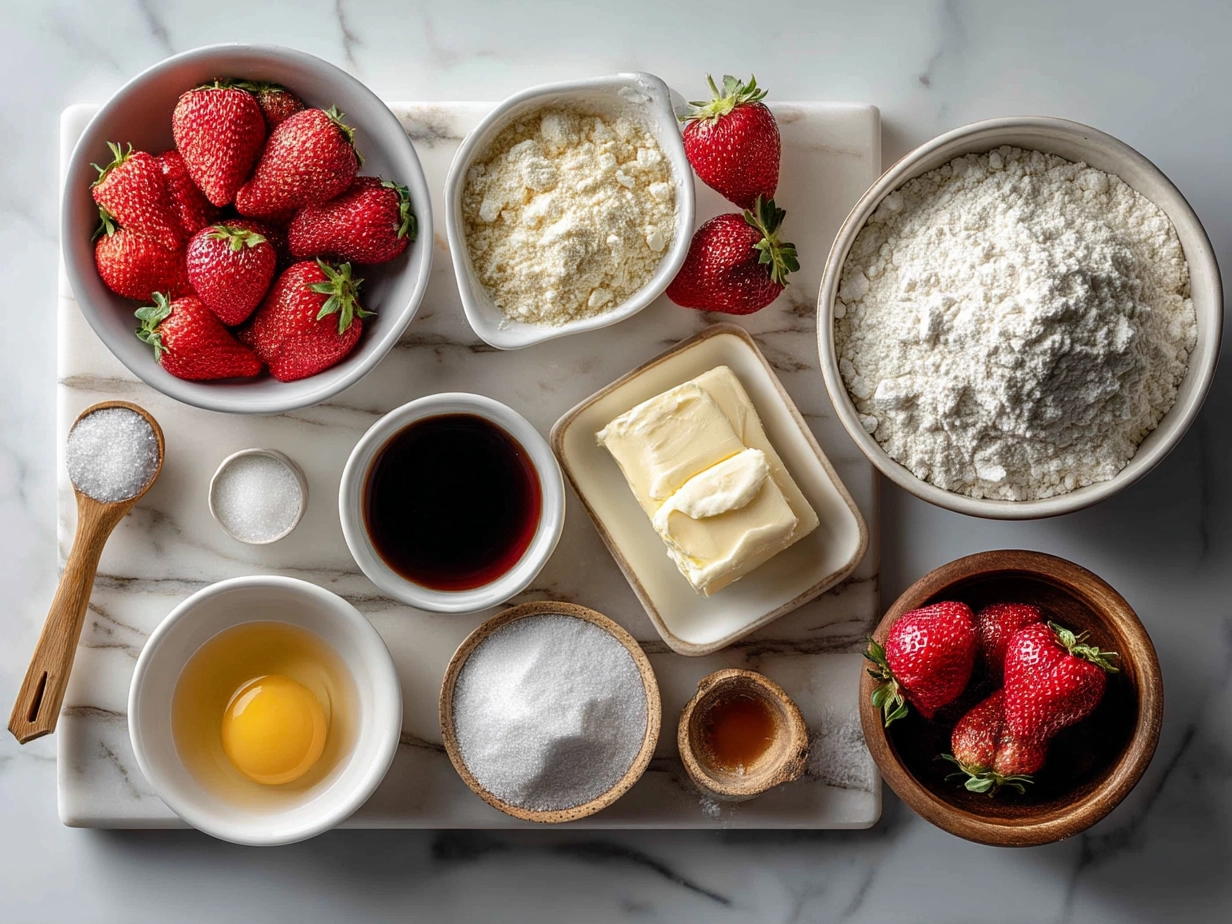 Top down view of raw ingredients for Strawberry Cheesecake Cookies including butter, cream cheese, sugar, flour, and freeze-dried strawberries