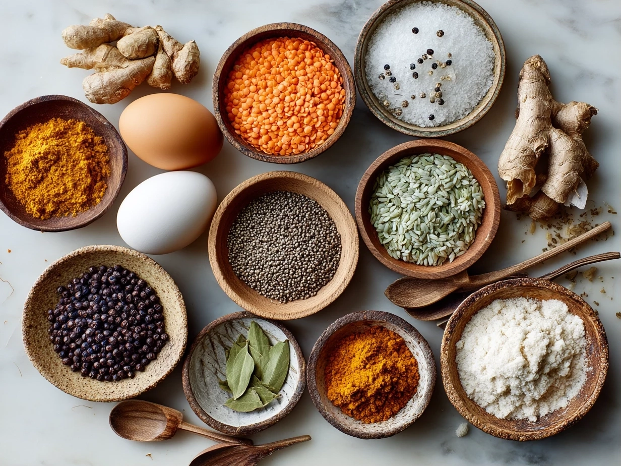 Top down view of raw ingredients for Thai Coconut Red Lentil Soup on marble surface