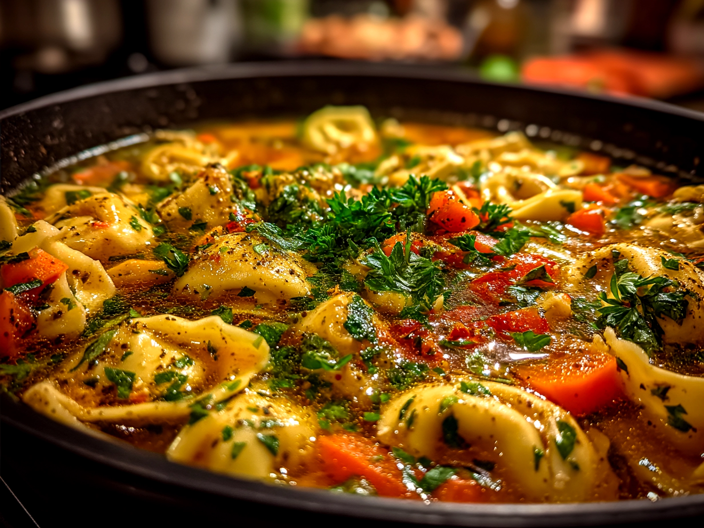A bowl of piping hot Tortellini Soup served with crusty bread and fresh herbs