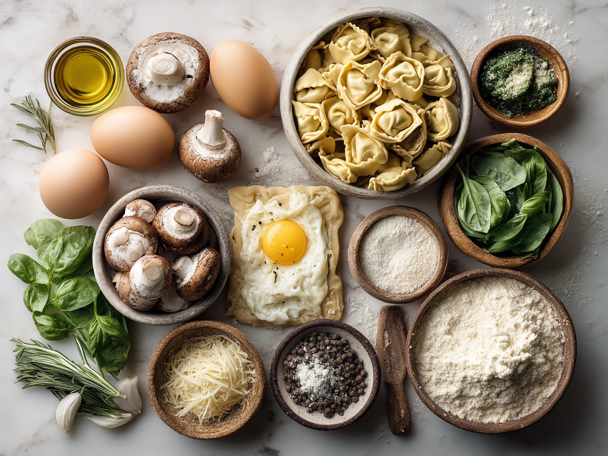 Ingredients for Tortellini Soup including olive oil, onion, garlic, broth, tortellini, vegetables, and parmesan cheese