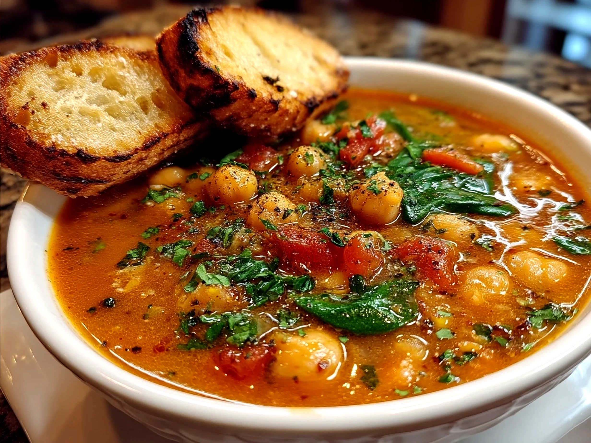 Serving bowl of Tuscan Chickpea Soup with a slice of crusty bread