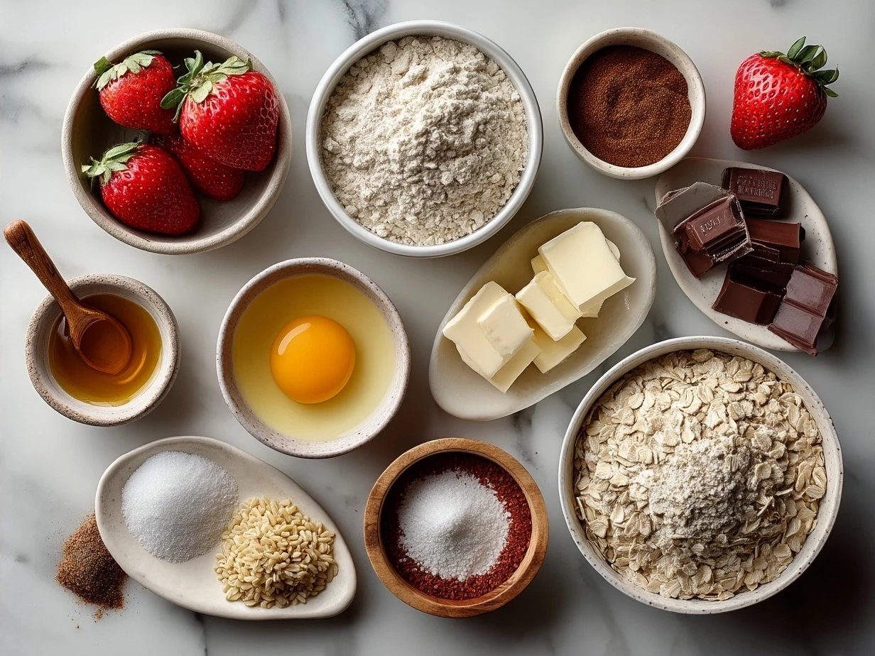 Ingredients for Valentine Cookies Oatmeal Bowl including oats, milk, honey, vanilla, cookies, berries, and cinnamon