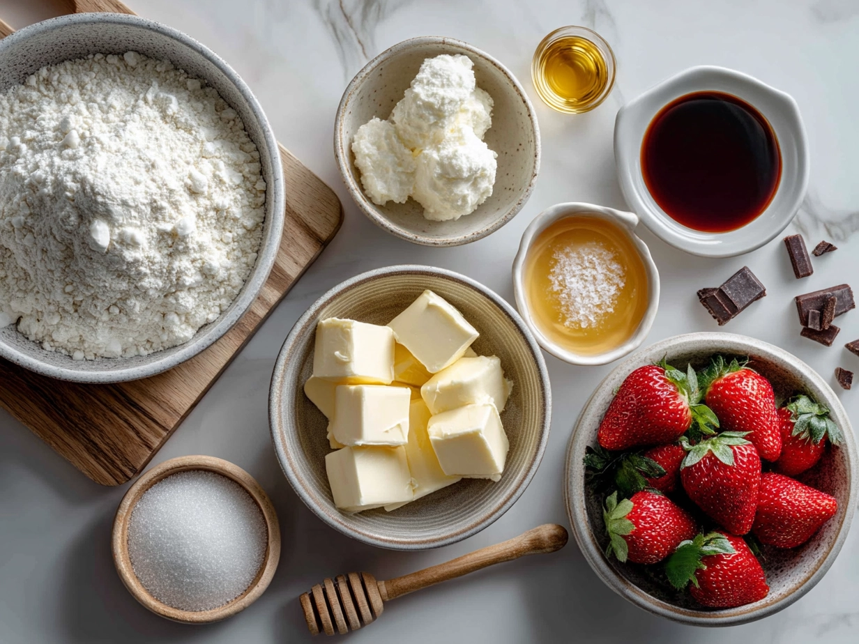Ingredients for Valentines Cakes Nice Cream Bowl including frozen strawberries, bananas, Greek yogurt, honey, vanilla extract, cake and toppings