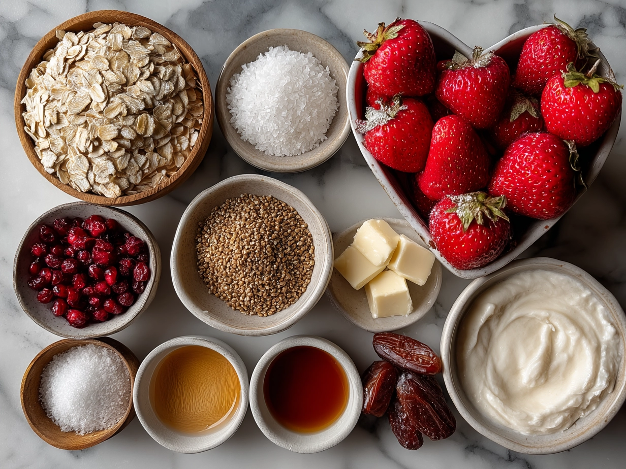 Ingredients for Valentines Oatmeal Bowl including oats, milk, berries, nuts and seeds
