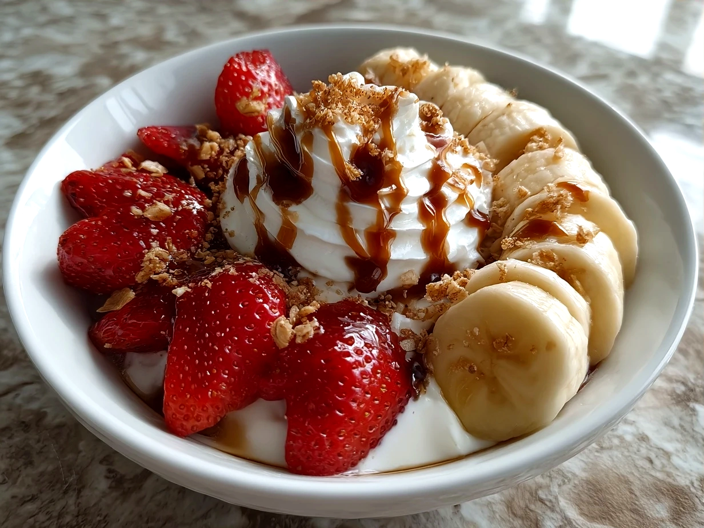 Finished Valentine Treats Greek Yogurt Bowl garnished with fresh berries, granola, chia seeds, and mint leaves